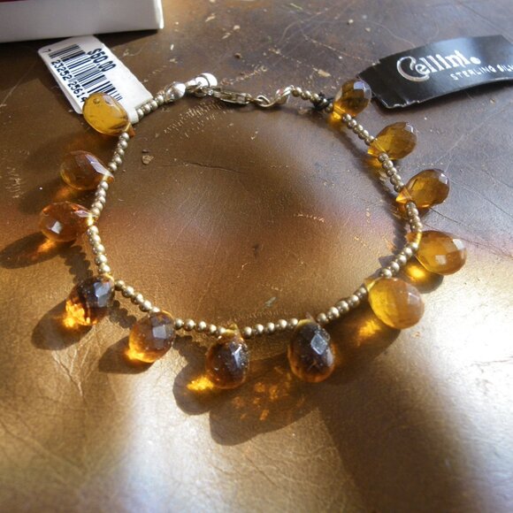 Vintage Women's Sterling Silver Bracelet w/ Dangling Amber Beads - Picture 2 of 2